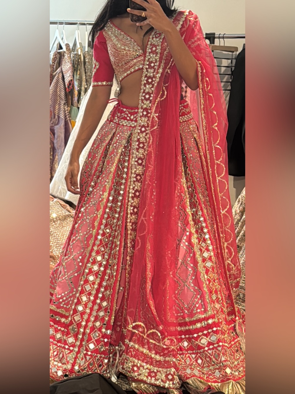 Pink Embellished Indian Lehenga Skirt with Mirror Work